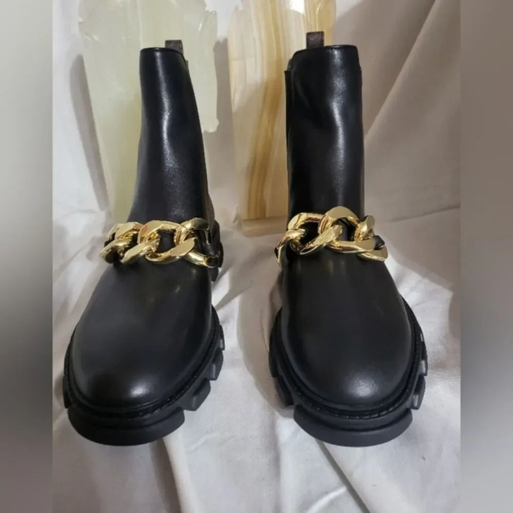 Michael Kors Scarlett Black Leather Chainlink Boots Mobwife Designer 9.5